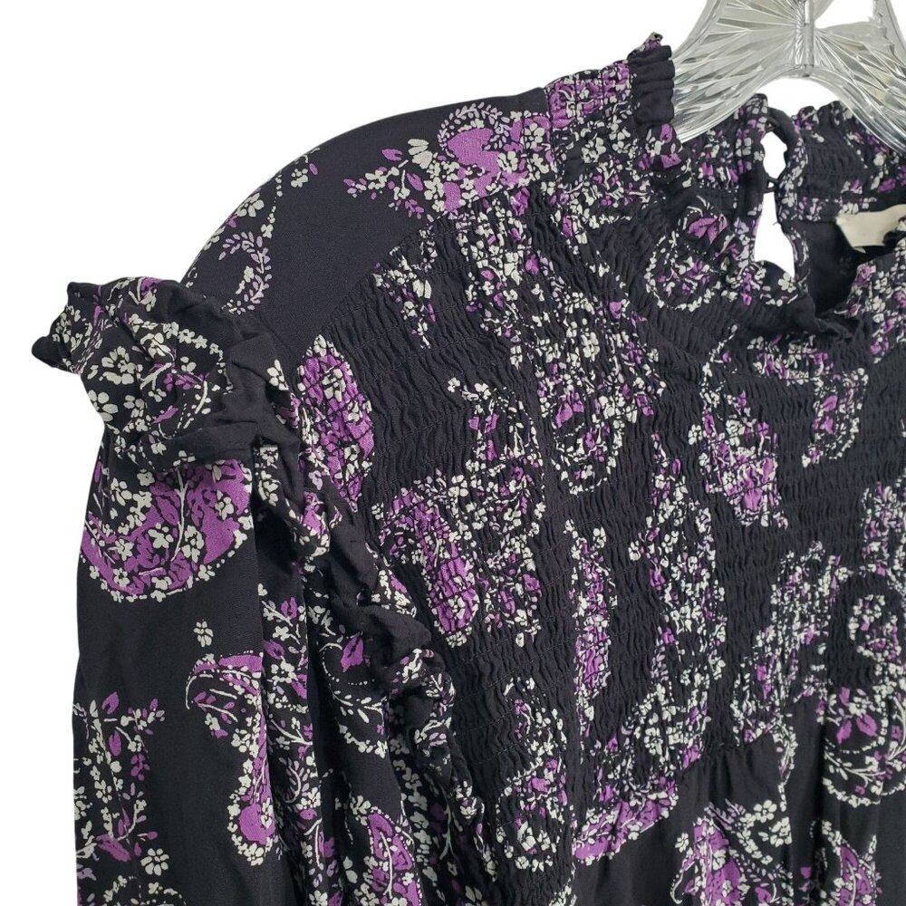 Ann Taylor LOFT L Blouse Smocked Paisley Boho Chic Lightweight Coquette Cottage - Picture 5 of 11